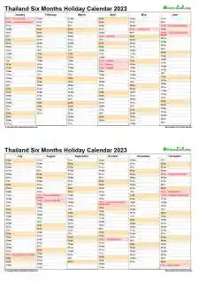 Calendar Vertical Six Months Thailand Holiday 2023 2 Page