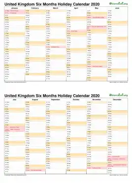 Calendar Vertical Six Months Uk Holiday 2020 2 Page