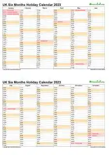 Calendar Vertical Six Months Uk Holiday 2023 2 Page