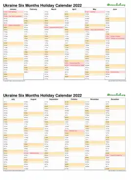 Calendar Vertical Six Months Ukraine Holiday 2022 2 Page