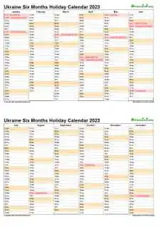 Calendar Vertical Six Months Ukraine Holiday 2023 2 Page