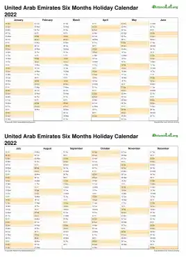 Calendar Vertical Six Months United Arab Emirates Holiday 2022 2 Page