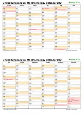 Calendar Vertical Six Months United Kingdom Holiday 2021 2 Page