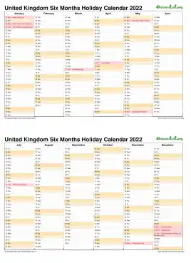 Calendar Vertical Six Months United Kingdom Holiday 2022 2 Page