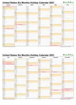 Calendar Vertical Six Months United States Holiday 2021 2 Page