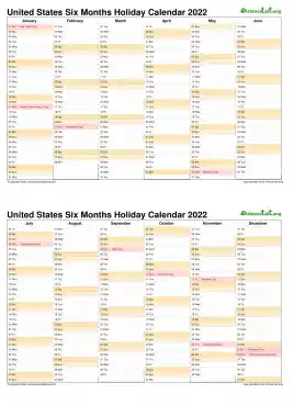 Calendar Vertical Six Months United States Holiday 2022 2 Page