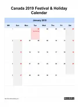 Canada Holiday Calendar 2019 One Month Per Page Sun To Sat Greay Week Day With Weekno