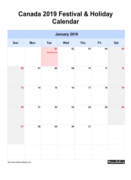 Canada Holiday Calendar 2019 One Month Per Page Sun To Sat Greay Week Day