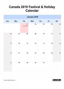 Canada Holiday Calendar 2019 One Month Per Page Sun To Sat Greay Week Day