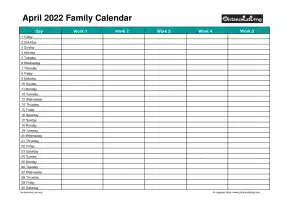 Family Calendar April Landscape 2022