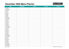 Family Calendar Daily Menu Schedular December Landscape 2020