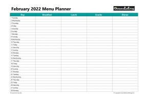 Family Calendar Daily Menu Schedular February Landscape 2022