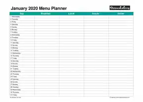 Family Calendar Daily Menu Schedular January Landscape 2020