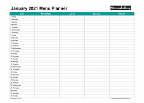 Family Calendar Daily Menu Schedular January Landscape 2021