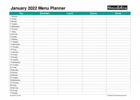 Family Calendar Daily Menu Schedular January Landscape 2022