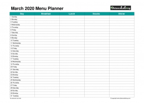 Family Calendar Daily Menu Schedular March Landscape 2020