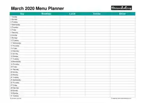 Family Calendar Daily Menu Schedular March Landscape 2020