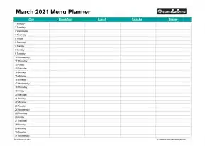 Family Calendar Daily Menu Schedular March Landscape 2021