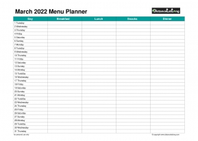 Family Calendar Daily Menu Schedular March Landscape 2022