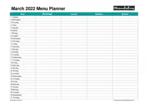Family Calendar Daily Menu Schedular March Landscape 2022