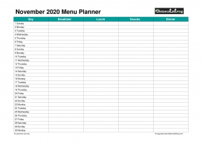 Family Calendar Daily Menu Schedular November Landscape 2020