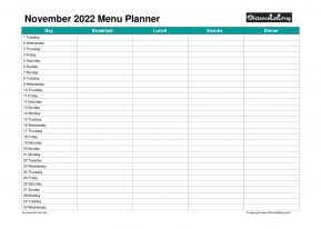 Family Calendar Daily Menu Schedular November Landscape 2022