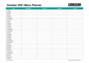 Family Calendar Daily Menu Schedular October Landscape 2021