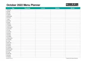 Family Calendar Daily Menu Schedular October Landscape 2022