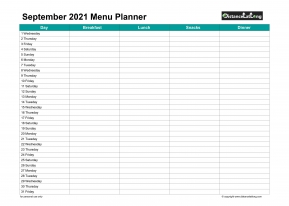 Family Calendar Daily Menu Schedular September Landscape 2021