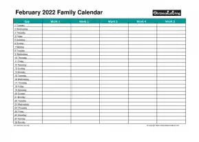 Family Calendar February Landscape 2022