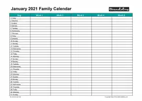 Family Calendar January Landscape 2021