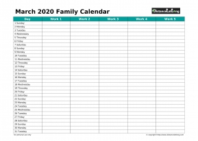 Family Calendar March Landscape 2020