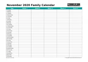 Family Calendar November Landscape 2020
