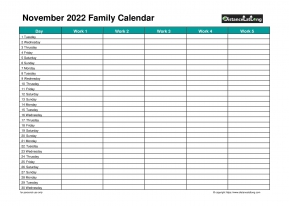 Family Calendar November Landscape 2022