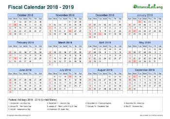 Fiscal Calendar Horizontal Grid Sun Sat Holiday Us Landscape 2018 2019