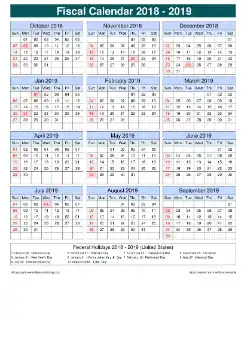 Fiscal Calendar Horizontal Grid Sun Sat Holiday Us Portrait 2018 2019