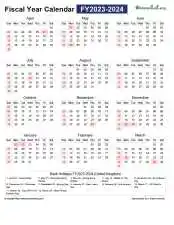 Fiscal Calendar Horizontal Month Week Covered Line Grid Sun Sat Holiday Uk Portrait 2023 2024
