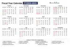 Fiscal Calendar Horizontal Month Week Covered Line Grid Sun Sat Holiday United States Landscape 2022 2023