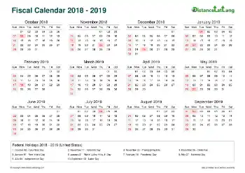 Fiscal Calendar Horizontal Month Week Covered Line Grid Sun Sat Holiday Us Landscape 2018 2019