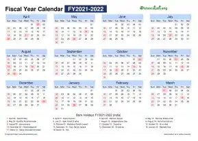 Fiscal Calendar Horizontal Month Week Grid Sun Sat Holiday India Landscape 2021 2022