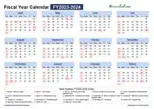 Fiscal Calendar Horizontal Month Week Grid Sun Sat Holiday India Landscape 2023 2024