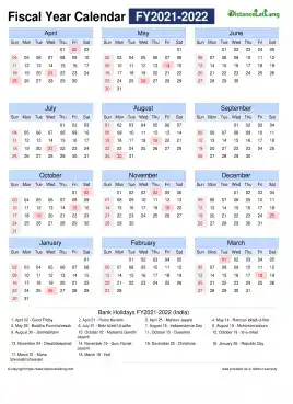 Fiscal Calendar Horizontal Month Week Grid Sun Sat Holiday India Portrait 2021 2022