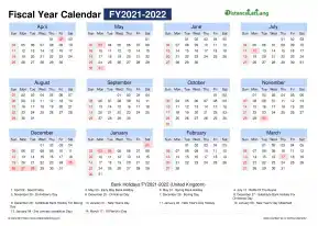 Fiscal Calendar Horizontal Month Week Grid Sun Sat Holiday Uk Landscape 2021 2022