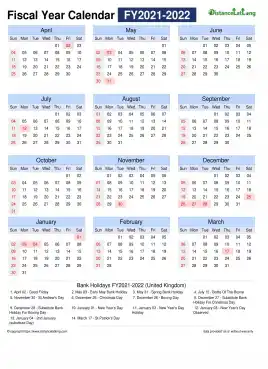 Fiscal Calendar Horizontal Month Week Grid Sun Sat Holiday Uk Portrait 2021 2022