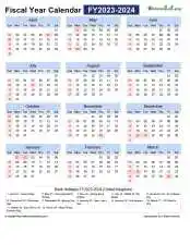 Fiscal Calendar Horizontal Month Week Grid Sun Sat Holiday Uk Portrait 2023 2024