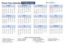 Fiscal Calendar Horizontal Month Week Grid Sun Sat Holiday United States Landscape 2022 2023