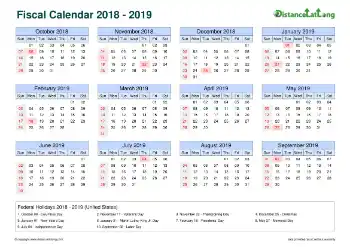 Fiscal Calendar Horizontal Month Week Grid Sun Sat Holiday Us Landscape 2018 2019