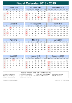 Fiscal Calendar Horizontal Month Week Grid Sun Sat Holiday Us Portrait 2018 2019