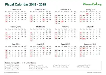 Fiscal Calendar Horizontal Month Week Underline Sun Sat Holiday Us Landscape 2018 2019
