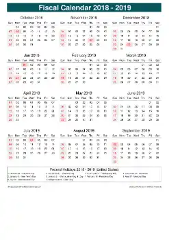 Fiscal Calendar Horizontal Month Week Underline Sun Sat Holiday Us Portrait 2018 2019